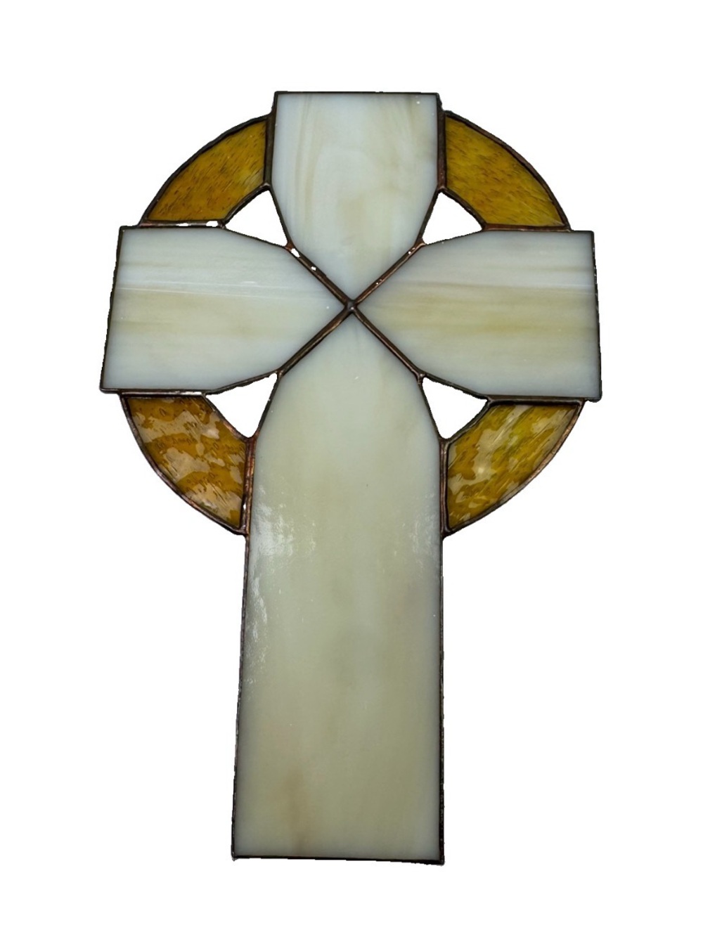 VTG Stained Glass Celtic Cross Suncatcher White Slag & Amber Cathedral Art 8.75”